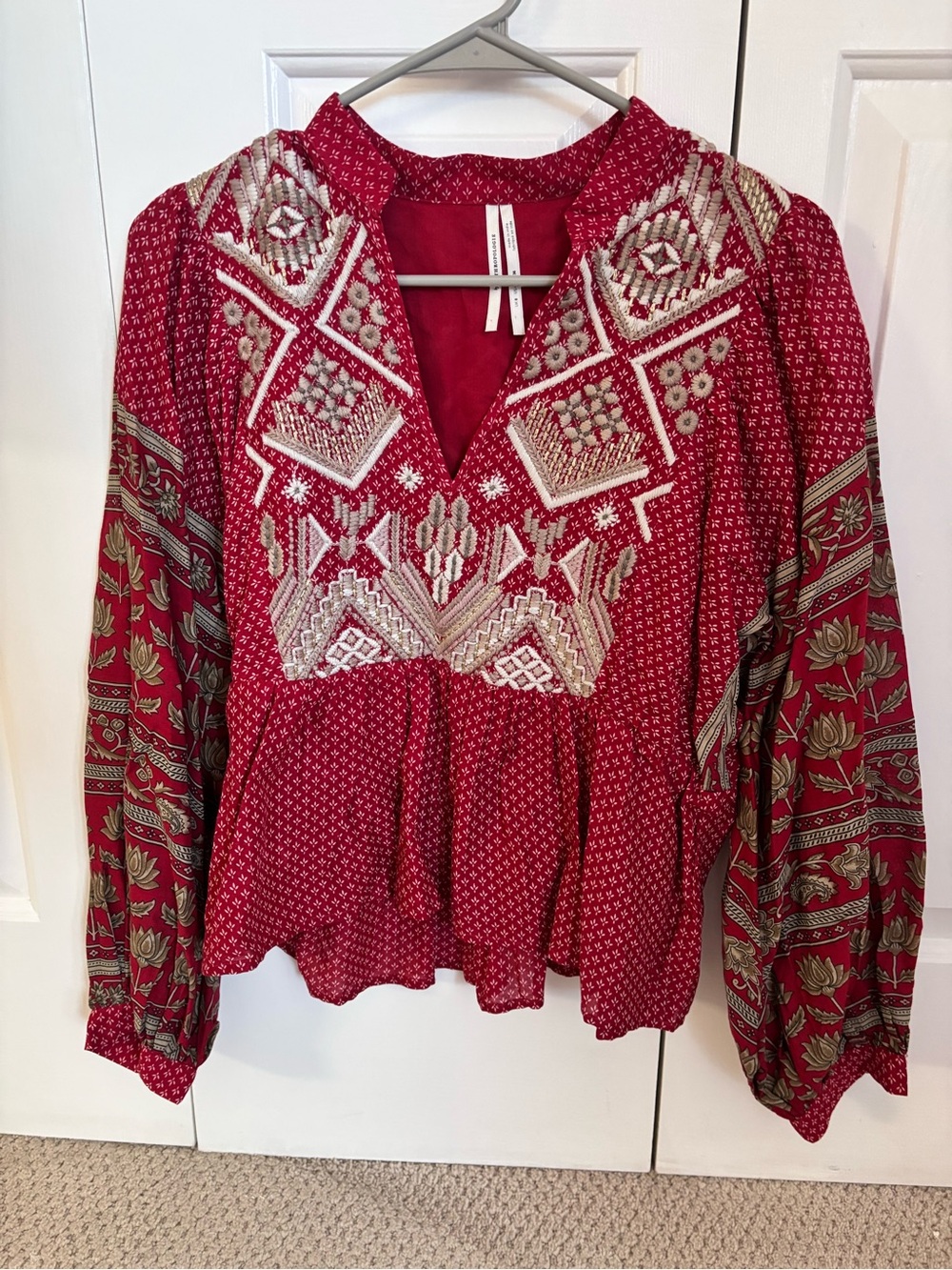 Anthropologie Red Embroidered Boho Peasant Tunic